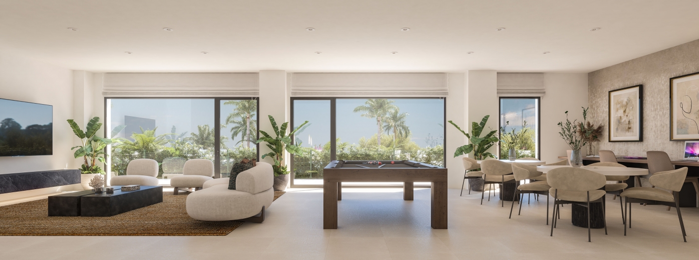 Illustrative shared coworking and leisure room