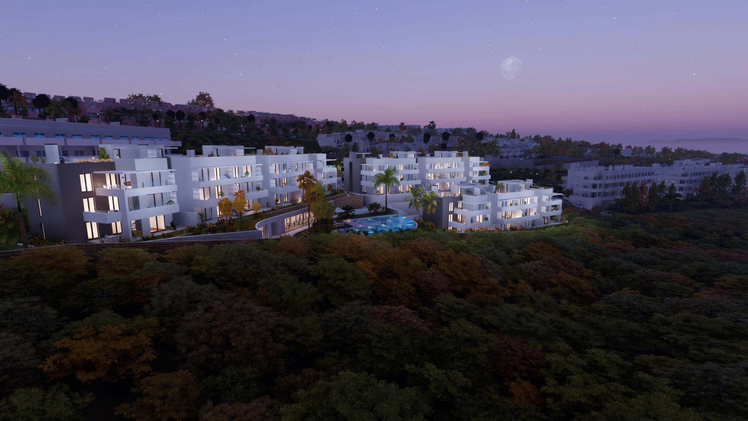 Representative visualisation of the residential exterior in the evening