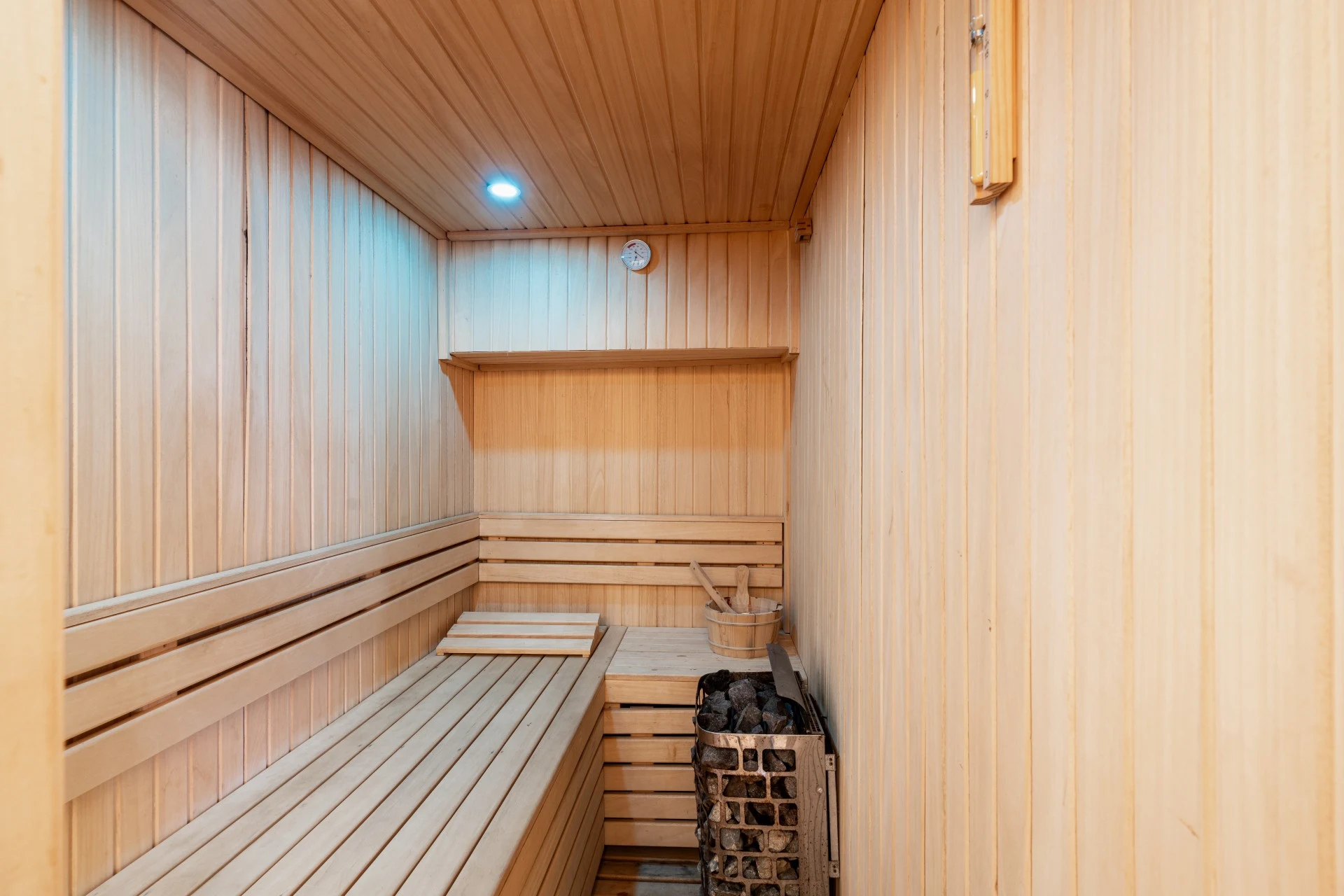 Shared sauna in the community wellness area
