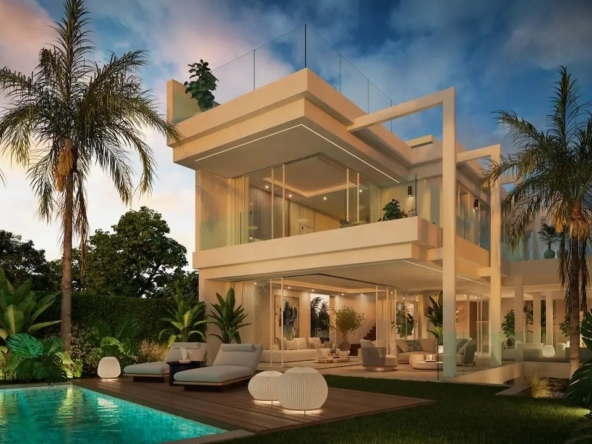 Architectural illustration of a five-bedroom villa with pool in Marbella