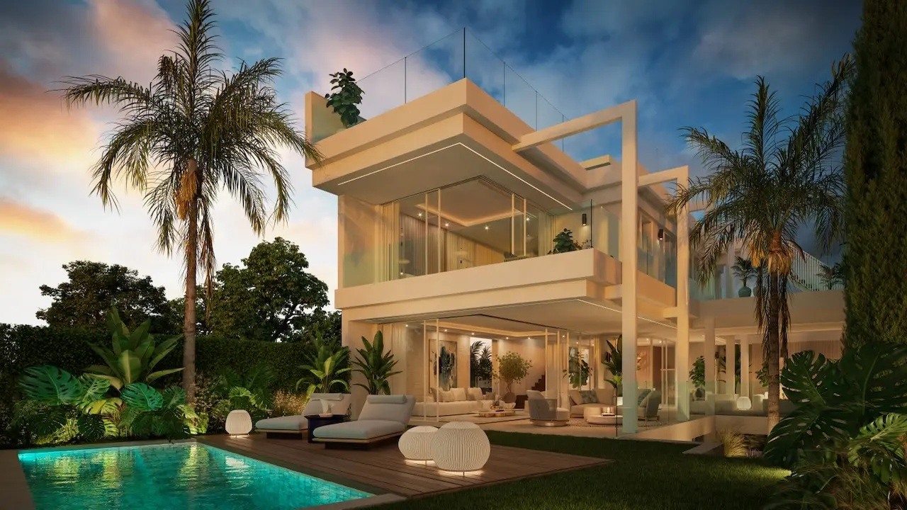 Architectural illustration of a five-bedroom villa with pool in Marbella