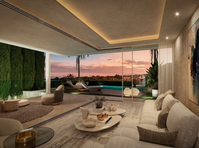 Illustrated open-plan living room with garden views