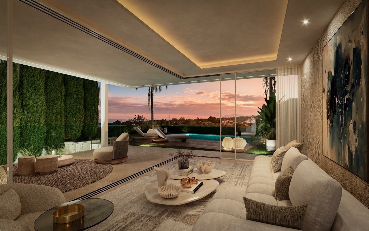 Illustrated open-plan living room with garden views
