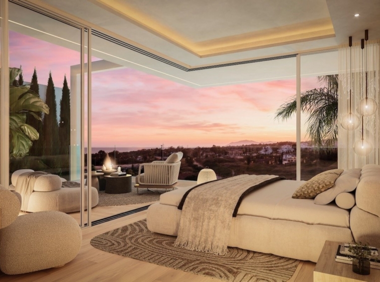 Illustrated villa bedroom with terrace access