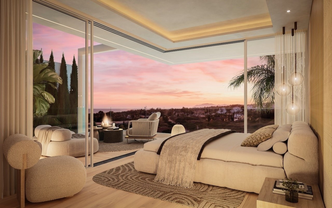Illustrated villa bedroom with terrace access