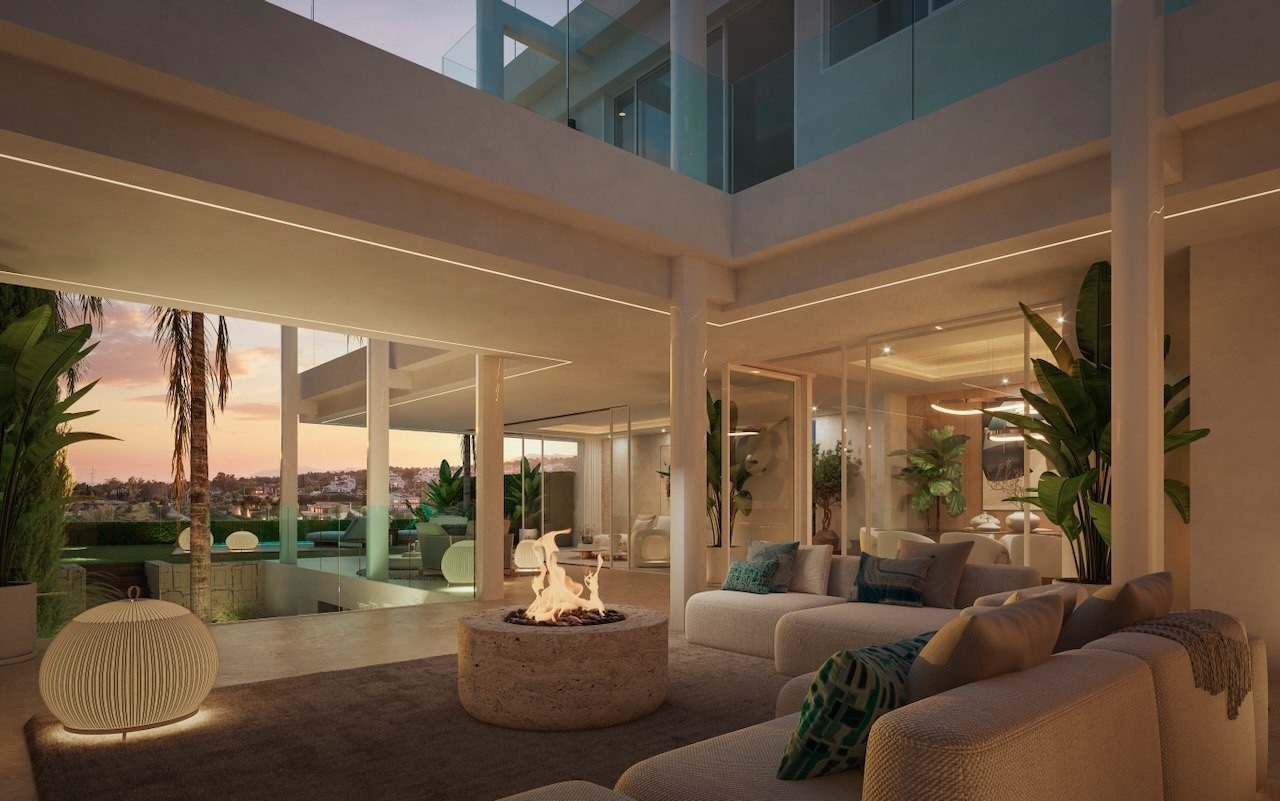 Illustrated double-height lounge
