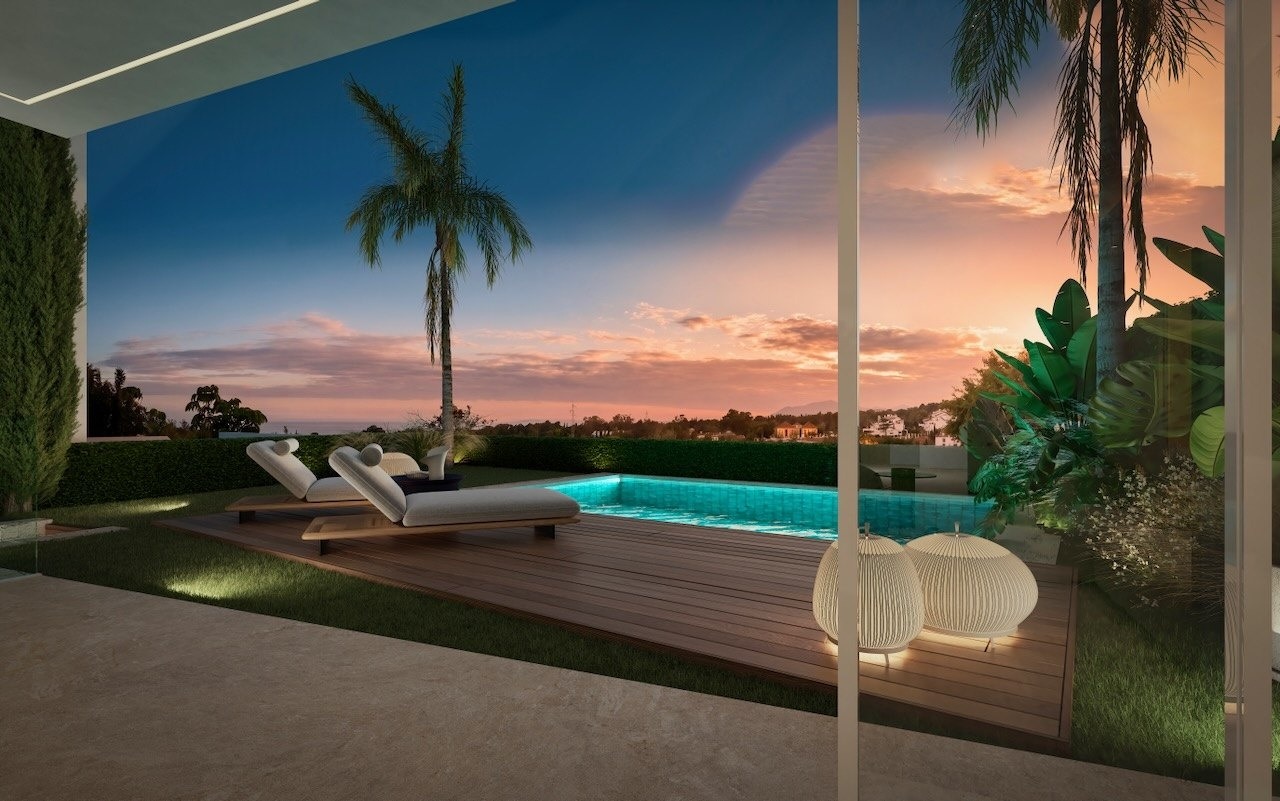 Illustrated private swimming pool and garden