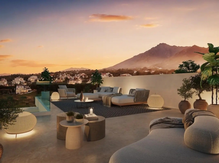 Illustrated rooftop terrace with mountain views