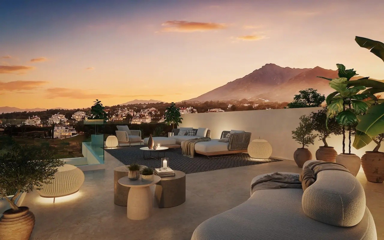 Illustrated rooftop terrace with mountain views