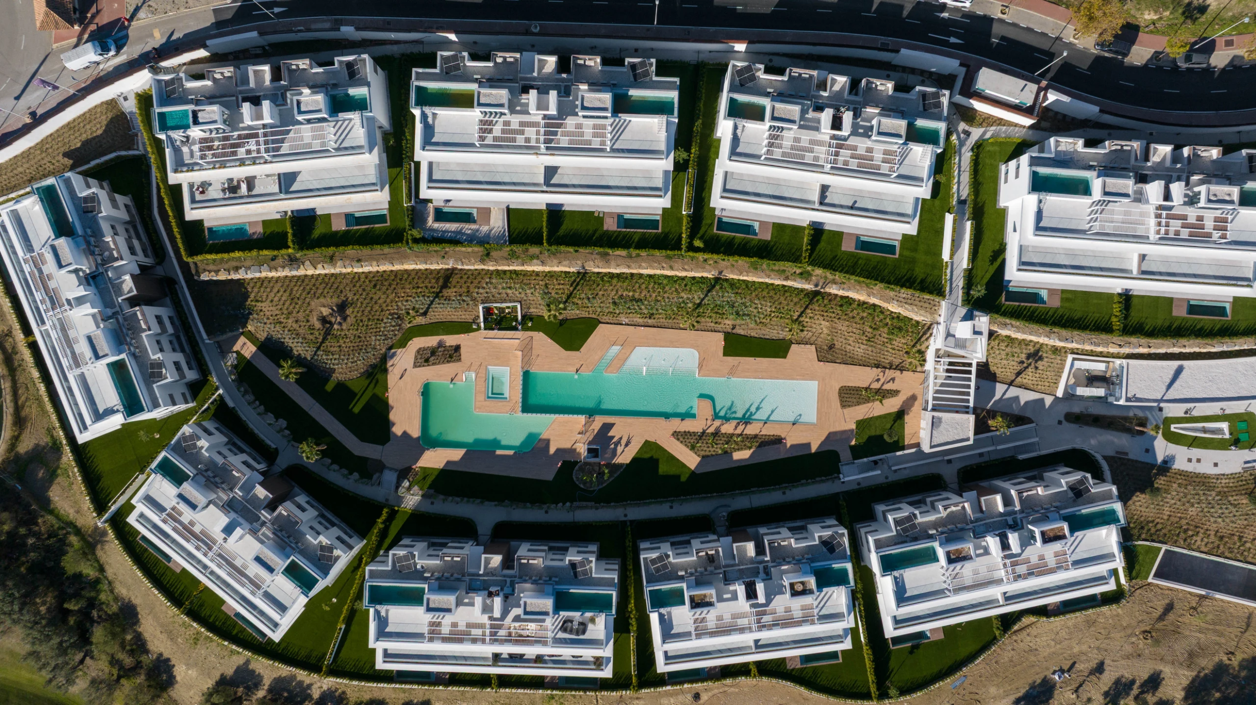 Communal gardens and swimming pool seen from above