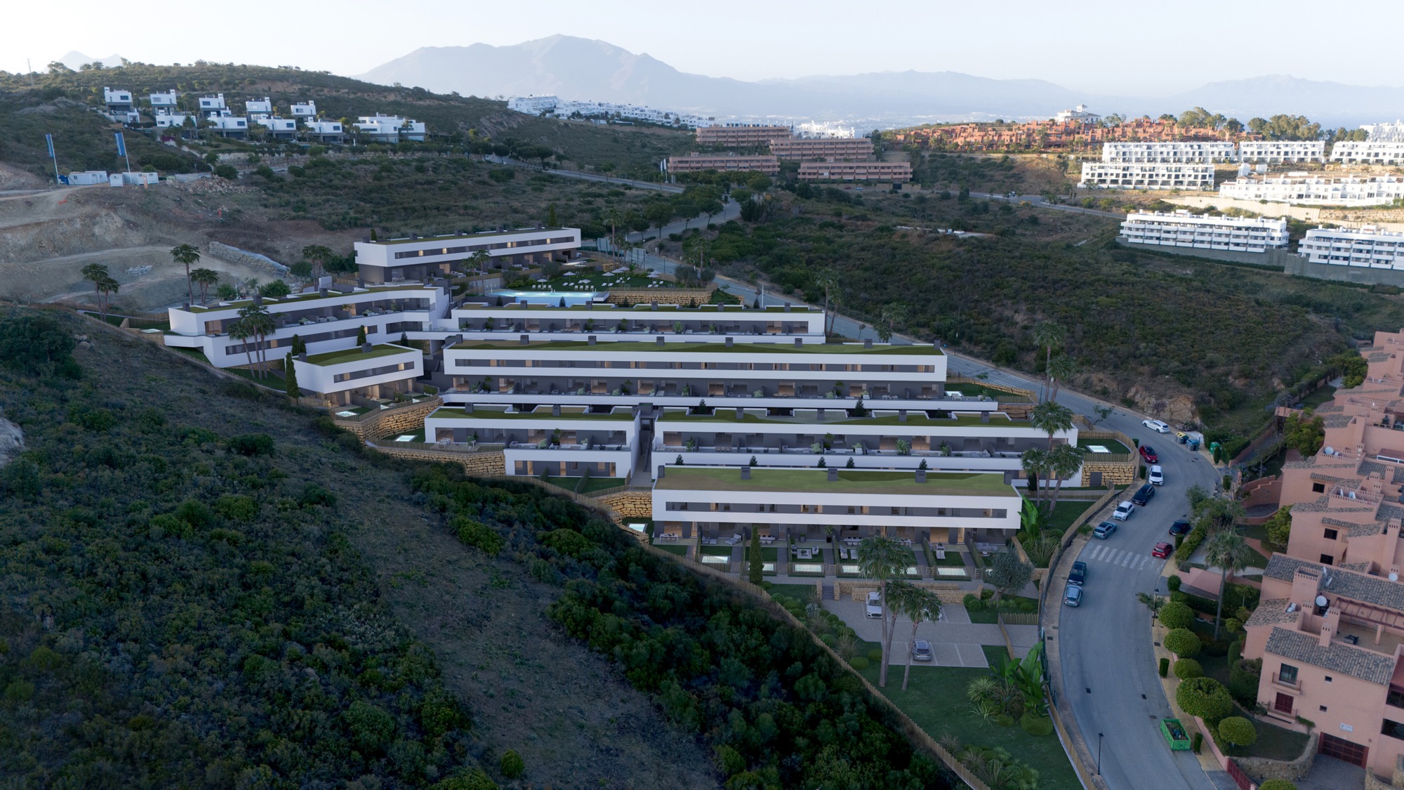 Illustration of contemporary hillside townhouses in Manilva