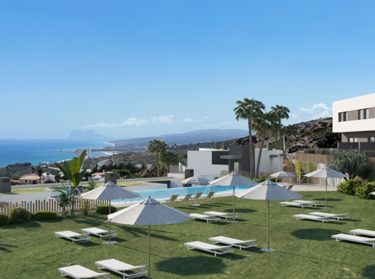 Illustration of the communal pool and landscaped grounds