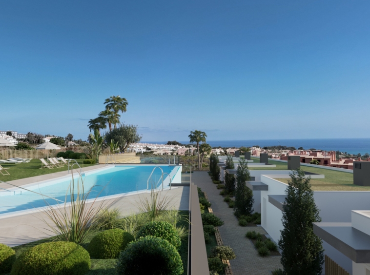 Illustration of shared pool facilities and Mediterranean views