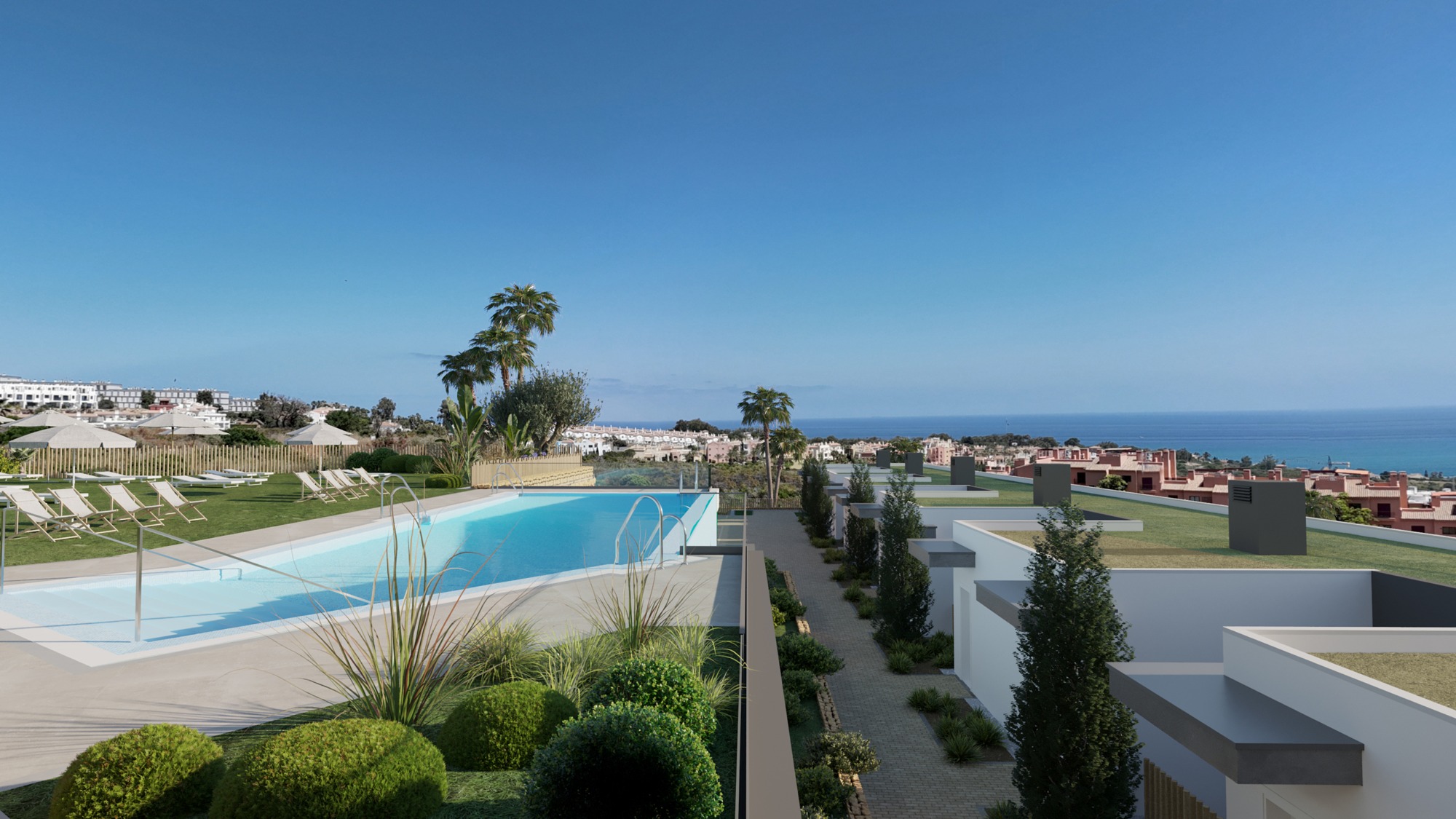 Illustration of shared pool facilities and Mediterranean views