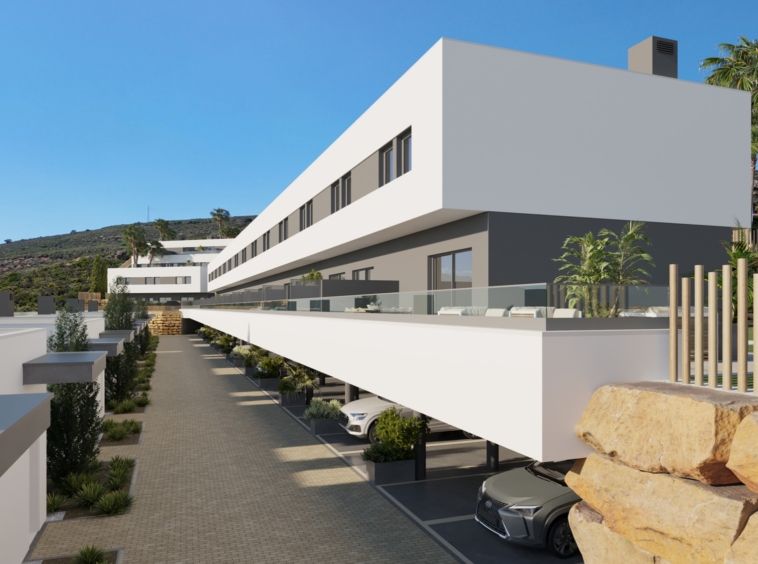 Illustration of the townhouse exterior and parking area