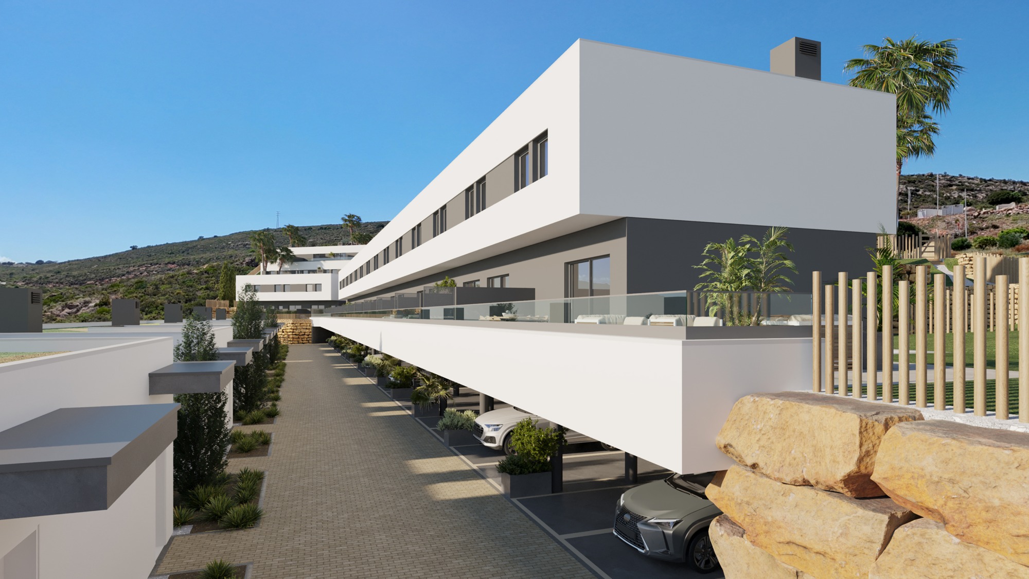 Illustration of the townhouse exterior and parking area