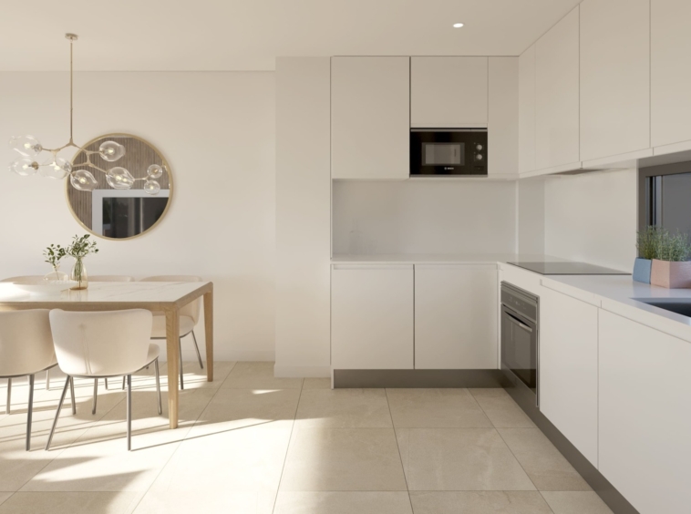 Illustration of a fitted kitchen and dining area
