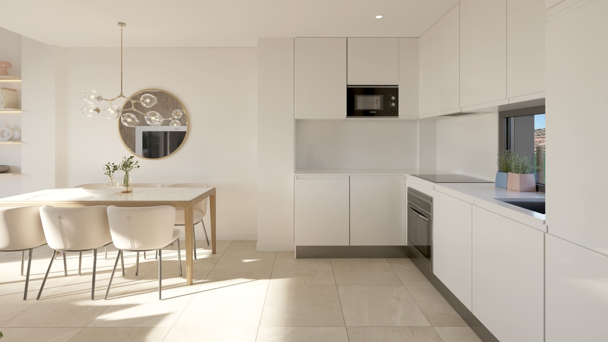 Illustration of a fitted kitchen and dining area