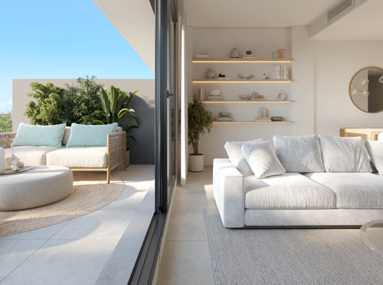 Illustration of a bright living room opening onto a terrace