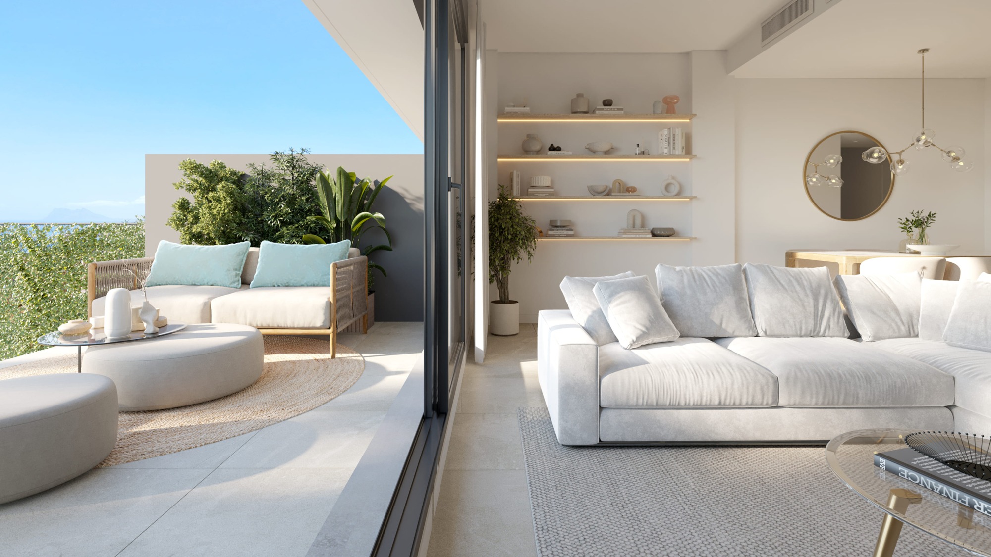 Illustration of a bright living room opening onto a terrace