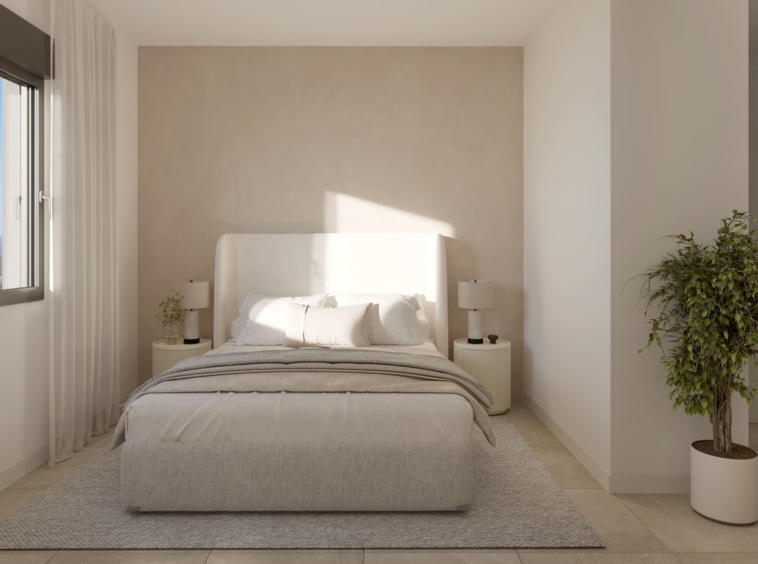Illustration of a double bedroom with natural light