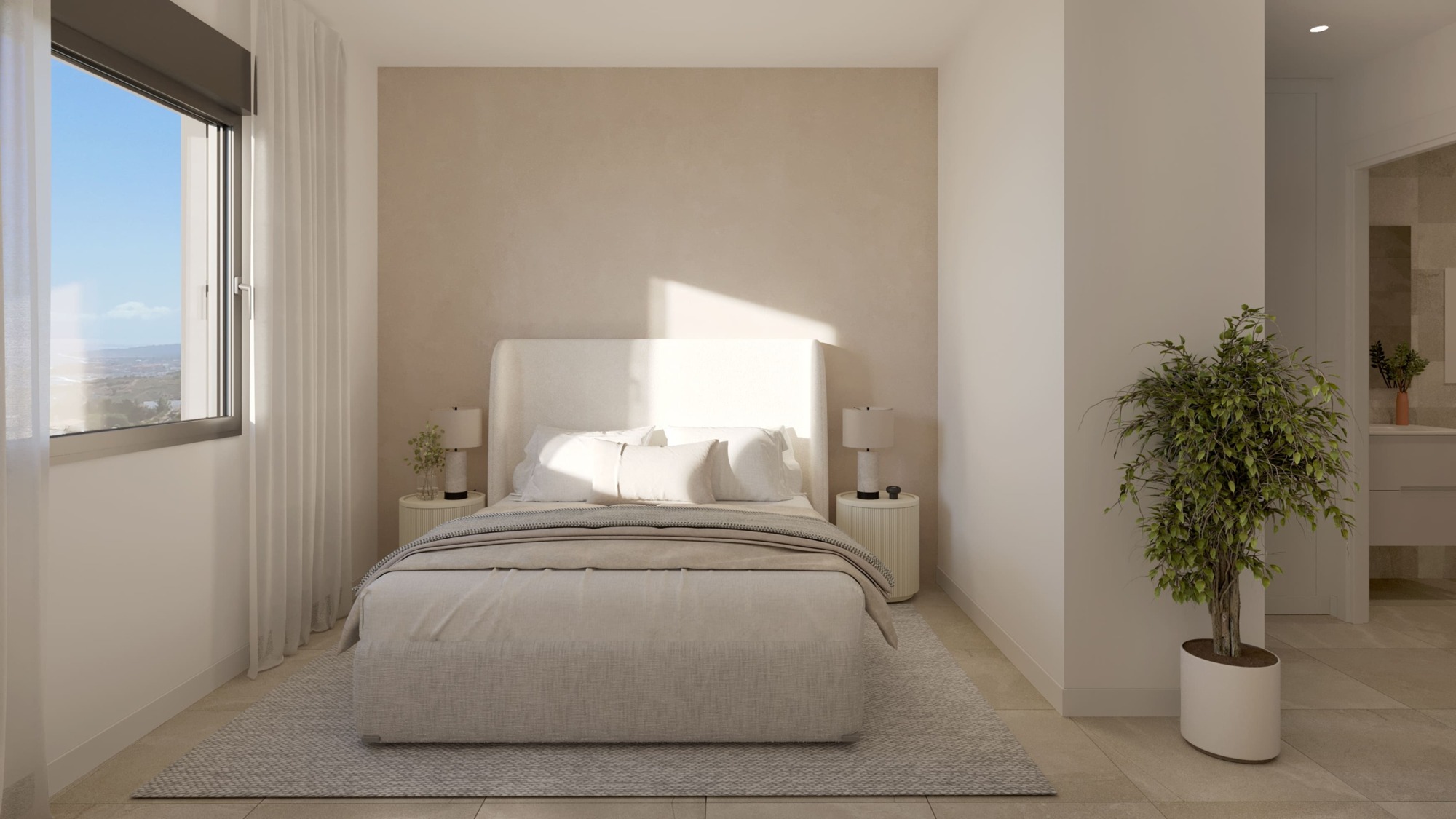 Illustration of a double bedroom with natural light
