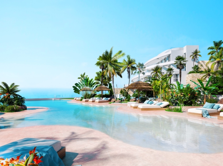 Illustrative shared swimming pool and landscaped grounds in La Cala de Mijas