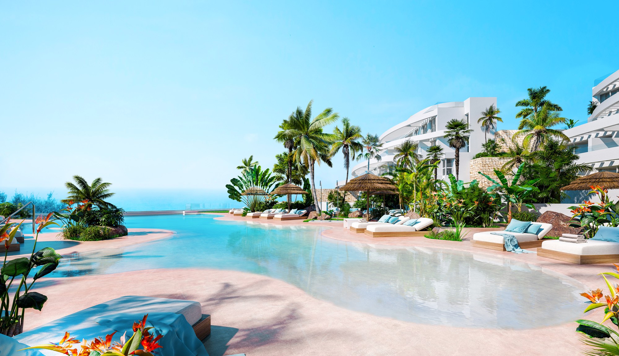 Illustrative shared swimming pool and landscaped grounds in La Cala de Mijas