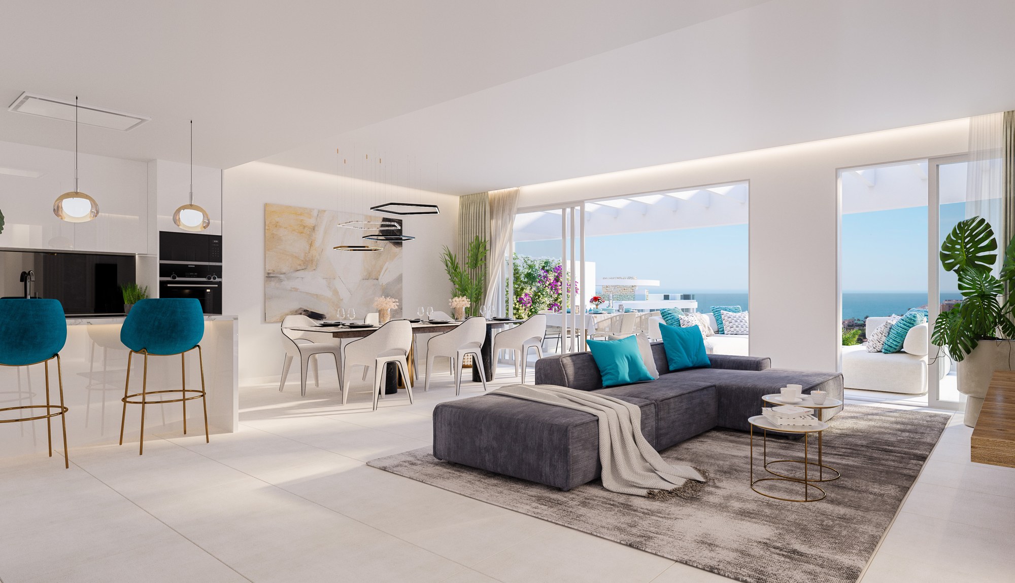 Illustrative dining area and open-plan kitchen in La Cala de Mijas