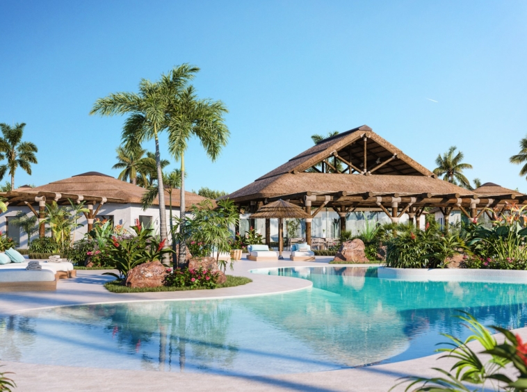 Illustrative communal swimming pool and shaded seating in Mijas