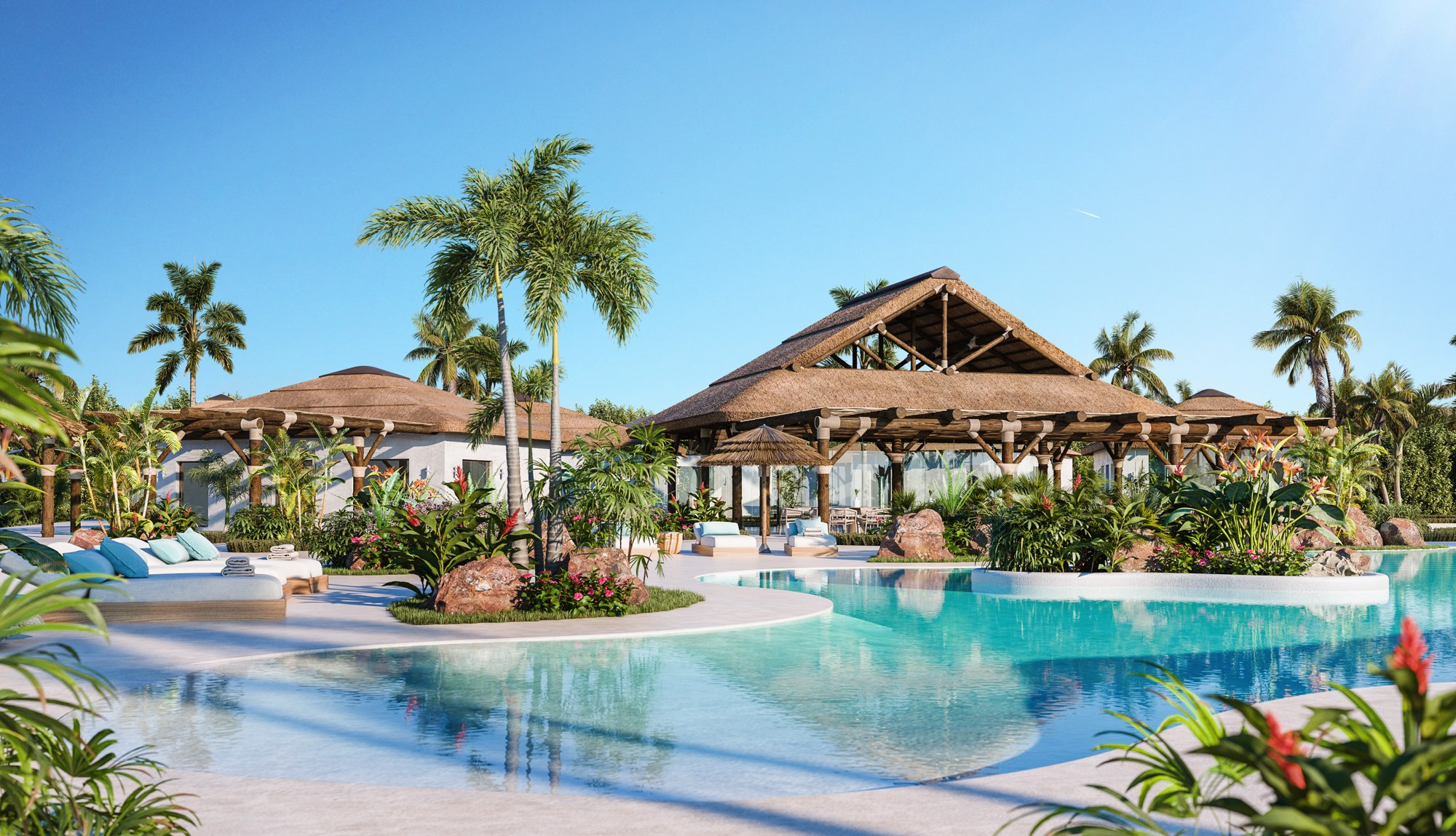 Illustrative communal swimming pool and shaded seating in Mijas