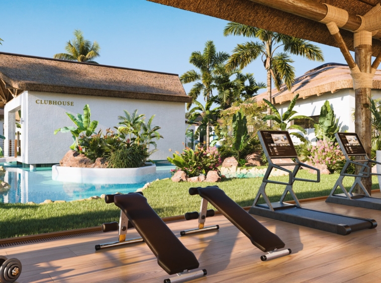 Illustrative outdoor fitness area in landscaped communal grounds in Mijas