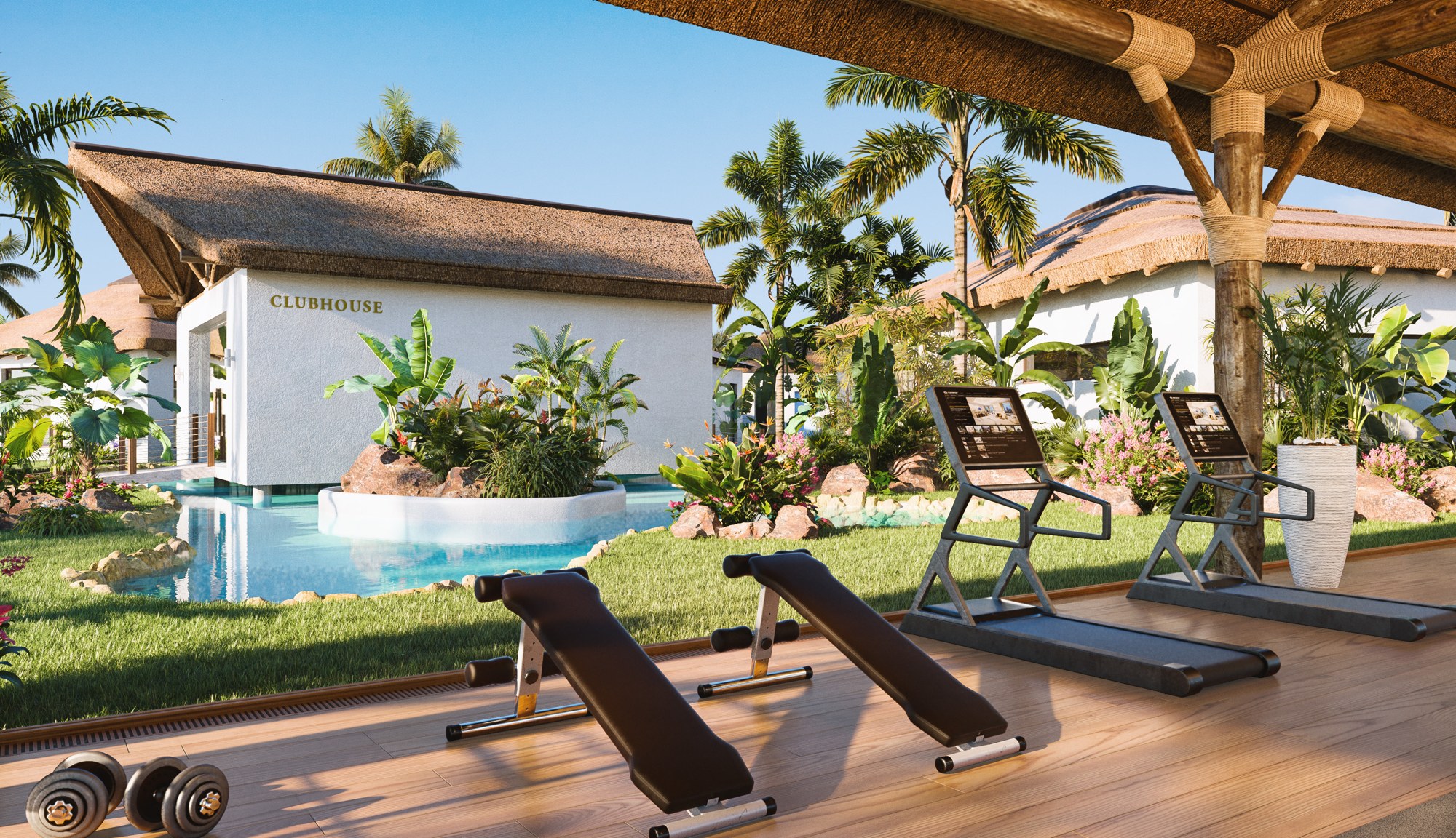 Illustrative outdoor fitness area in landscaped communal grounds in Mijas