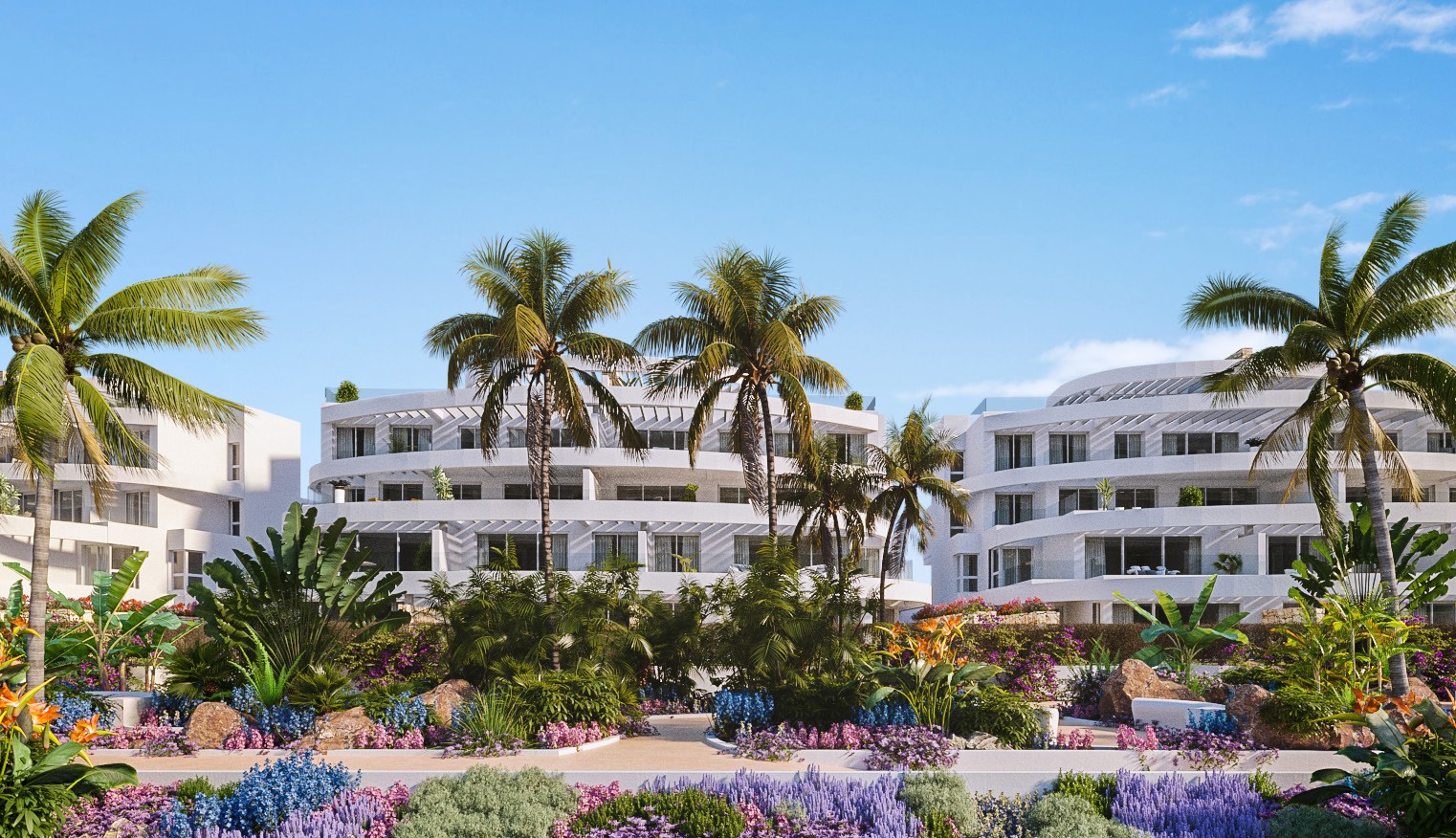 Illustrative contemporary apartment buildings and communal gardens in La Cala de Mijas
