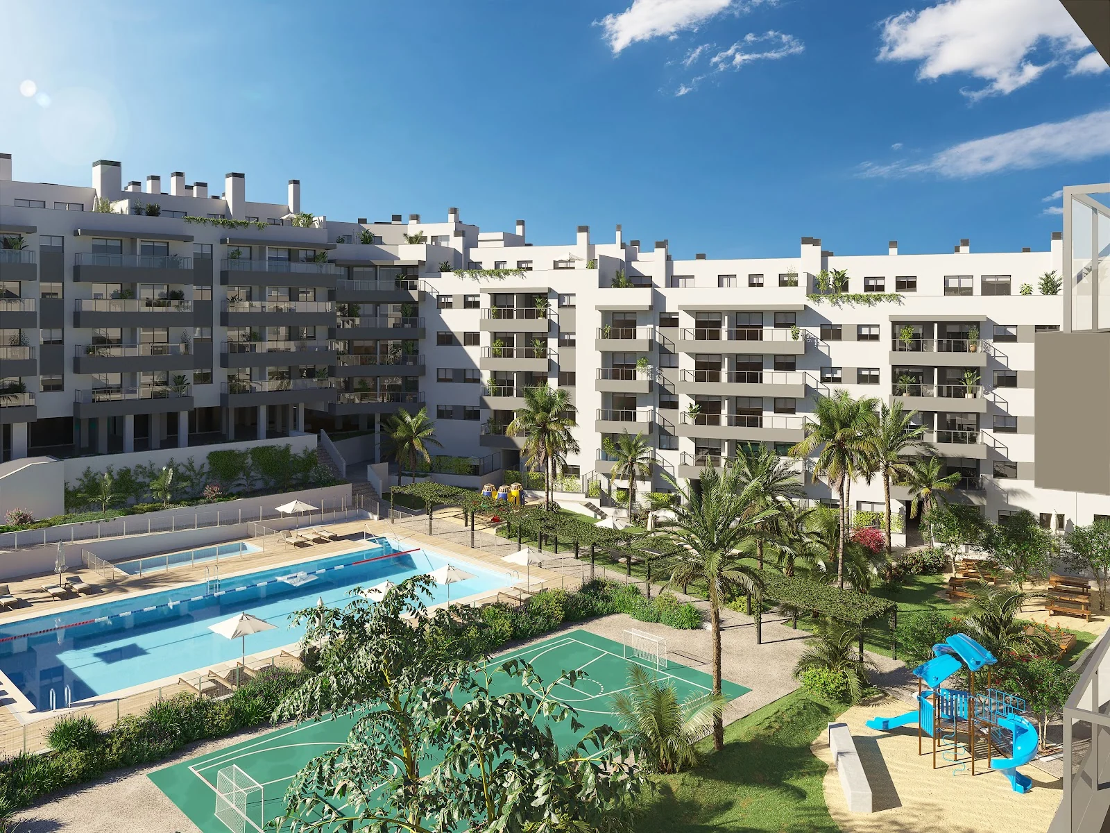 Contemporary residences and communal pool in Las Lagunas de Mijas — illustration