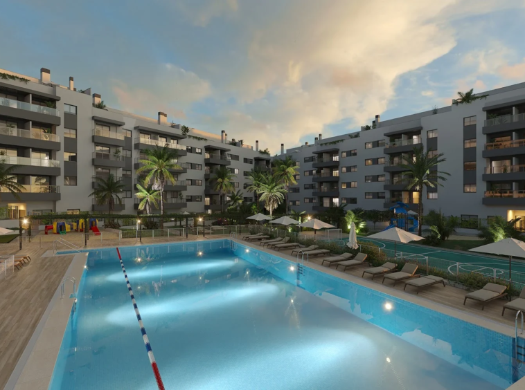 Communal swimming pool at dusk — illustration