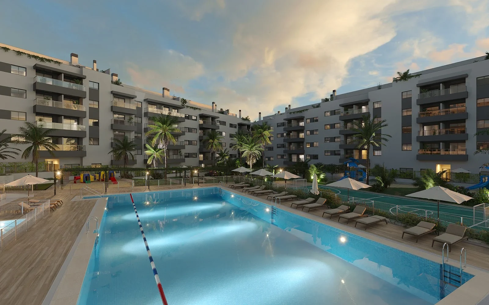 Communal swimming pool at dusk — illustration