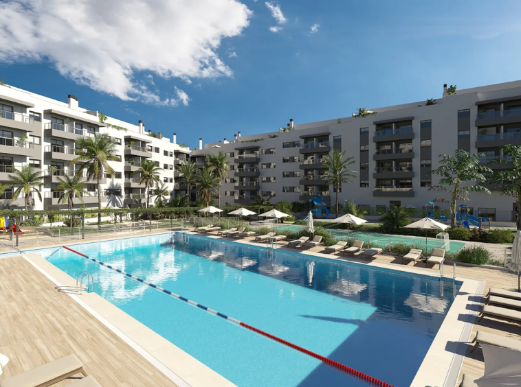 Poolside gardens and residential buildings — illustration