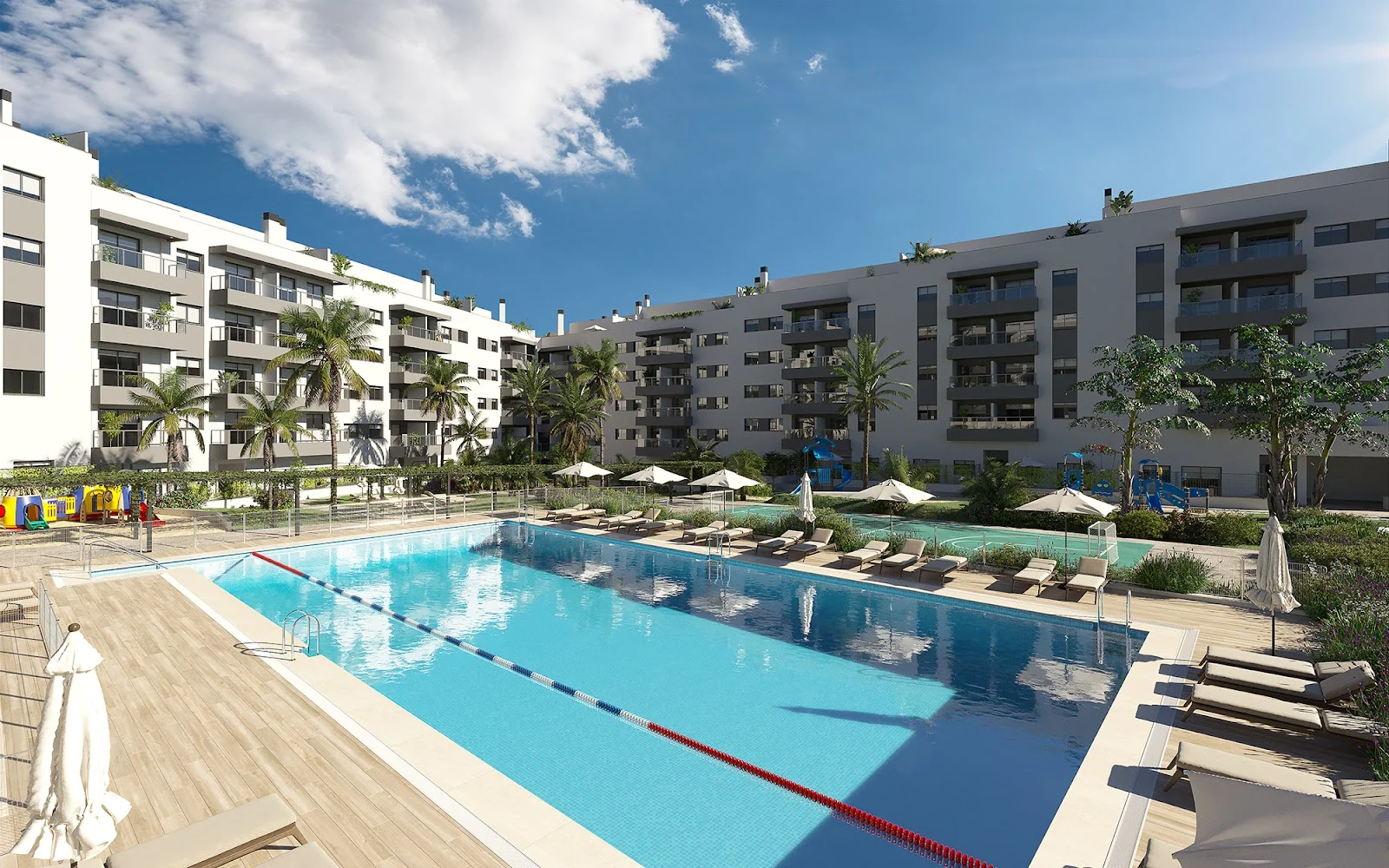Poolside gardens and residential buildings — illustration