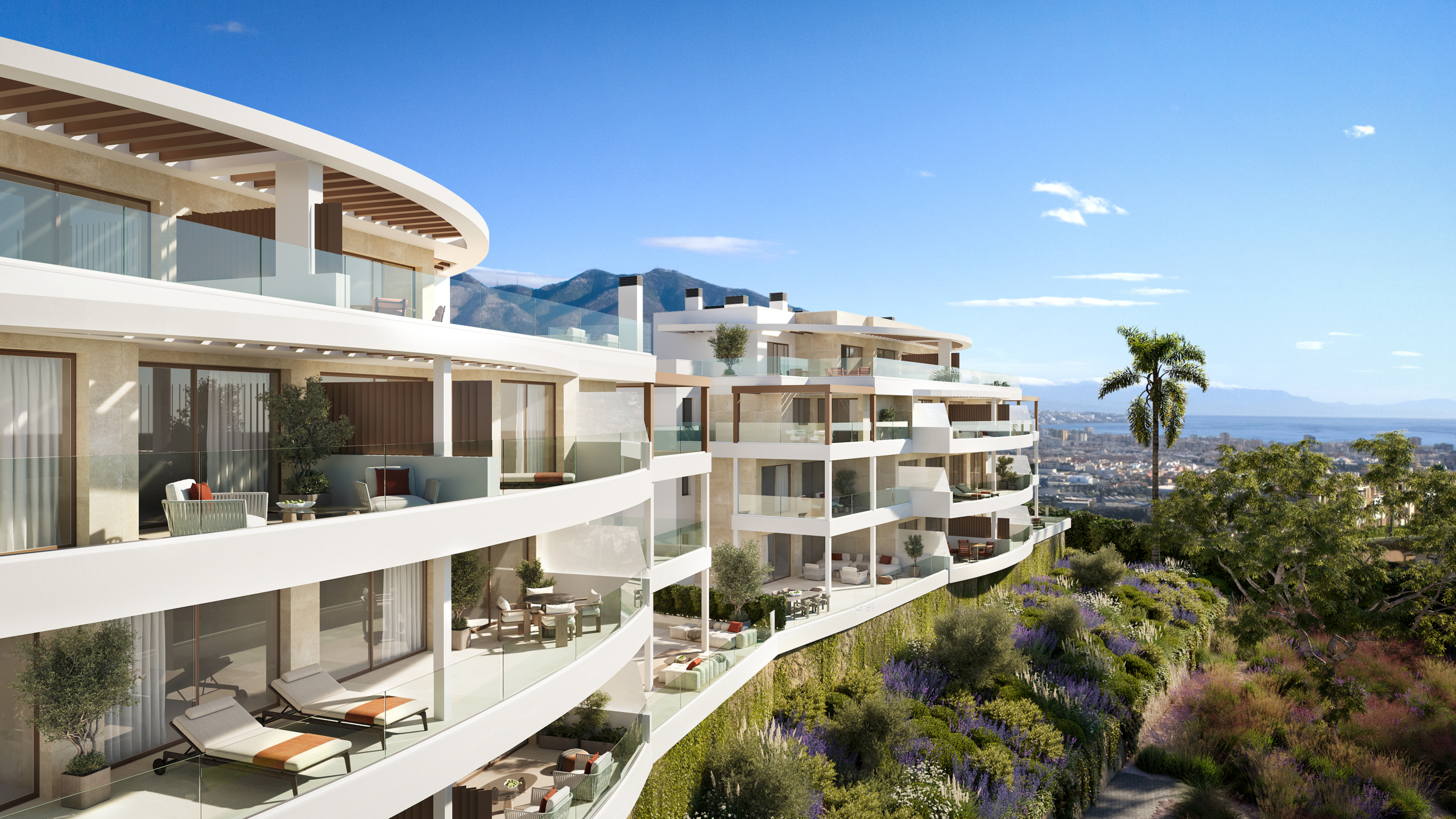 Architectural illustration of hillside apartments in Mijas
