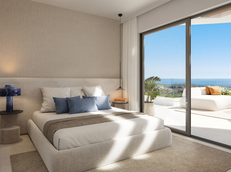 Illustrated penthouse bedroom opening onto a terrace