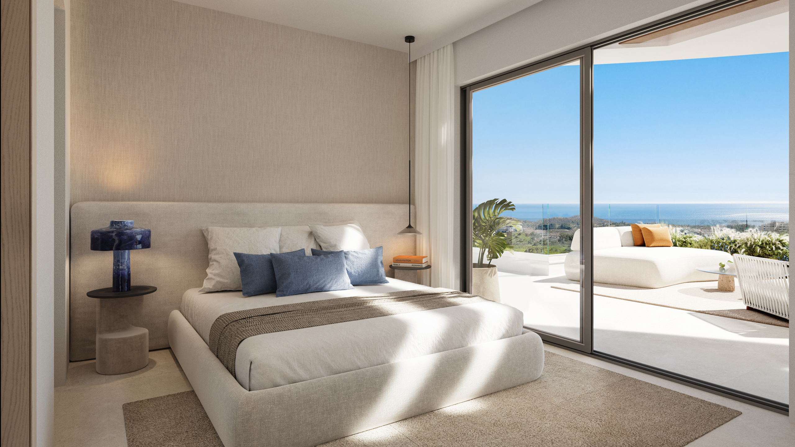 Illustrated penthouse bedroom opening onto a terrace