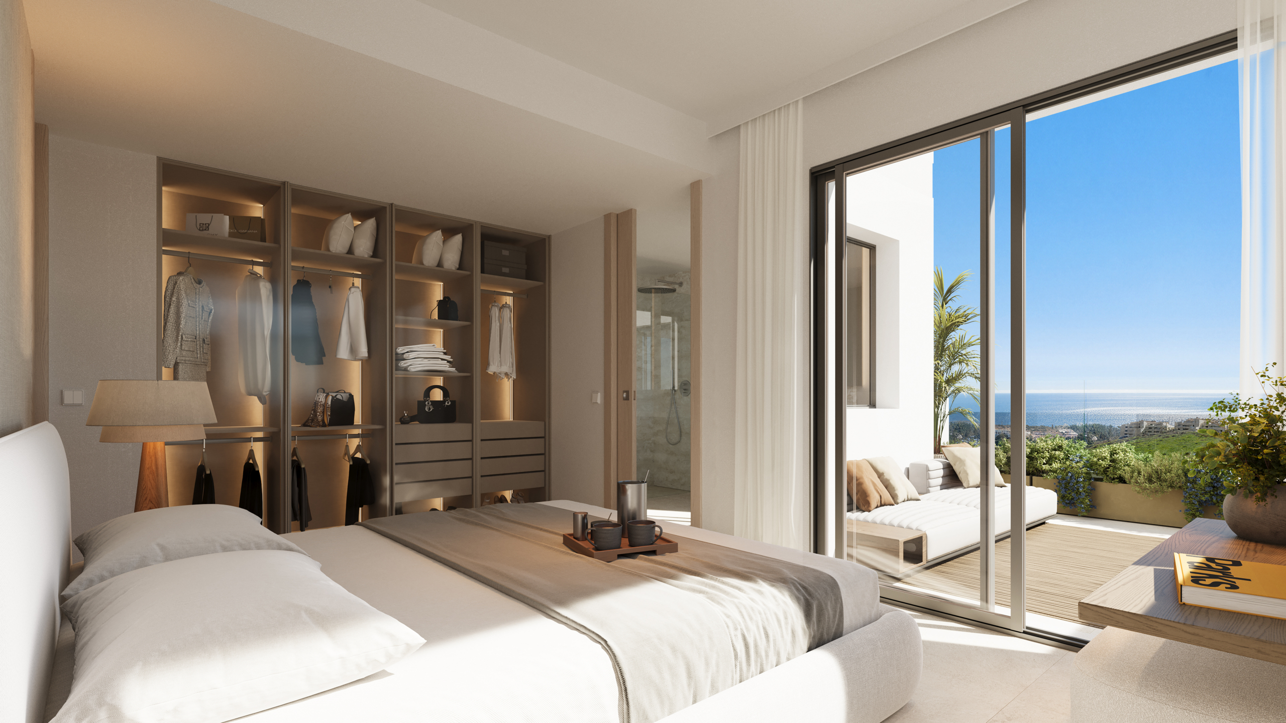 Illustrated apartment bedroom with fitted storage
