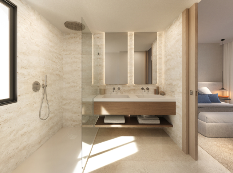 Representative contemporary bathroom with a walk-in shower
