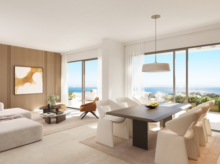 Representative penthouse living room with an open kitchen