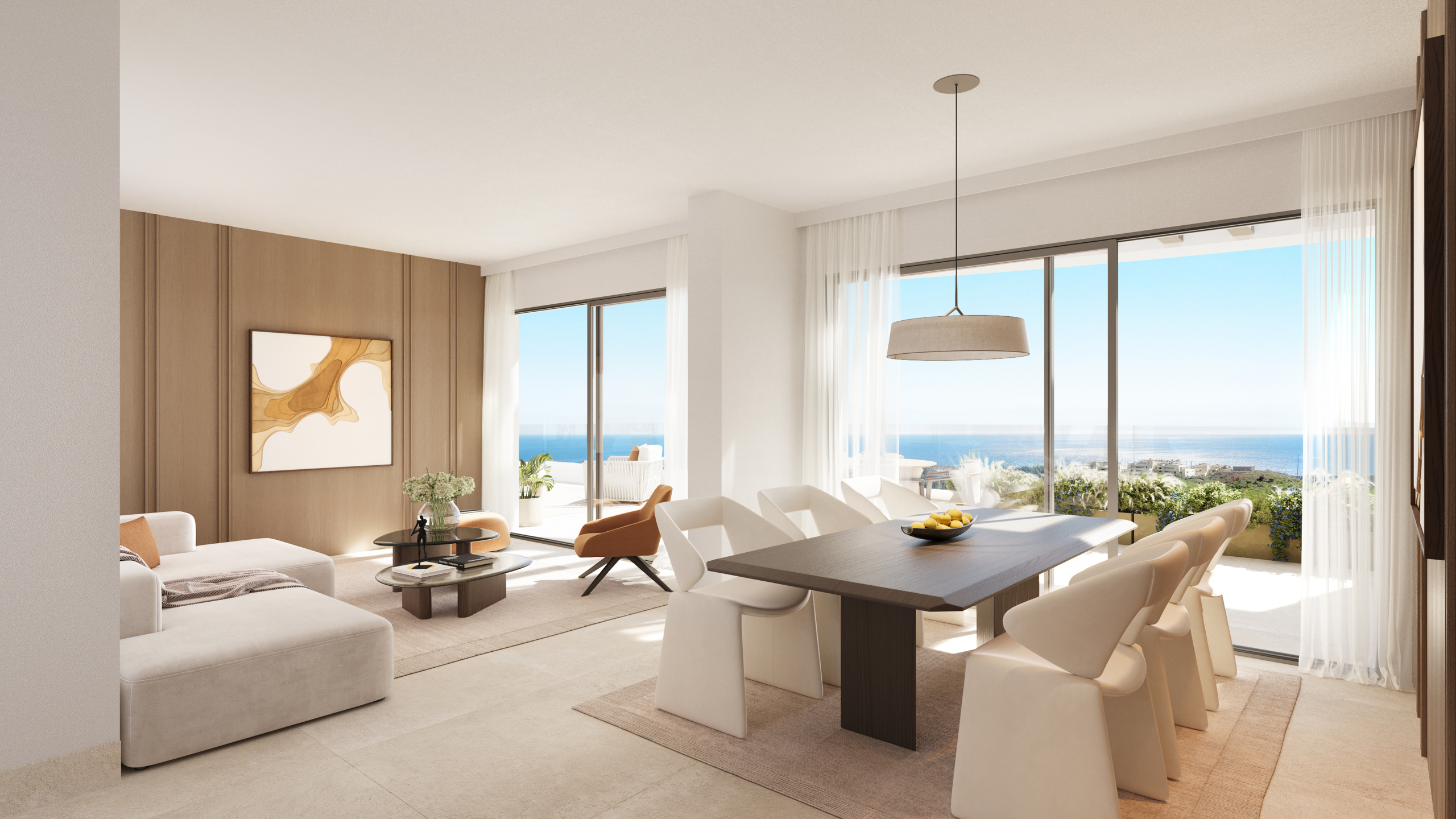 Representative penthouse living room with an open kitchen