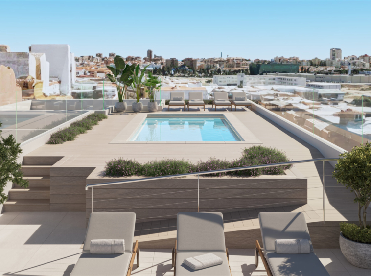 Illustrative communal rooftop pool and sun terrace in Las Lagunas