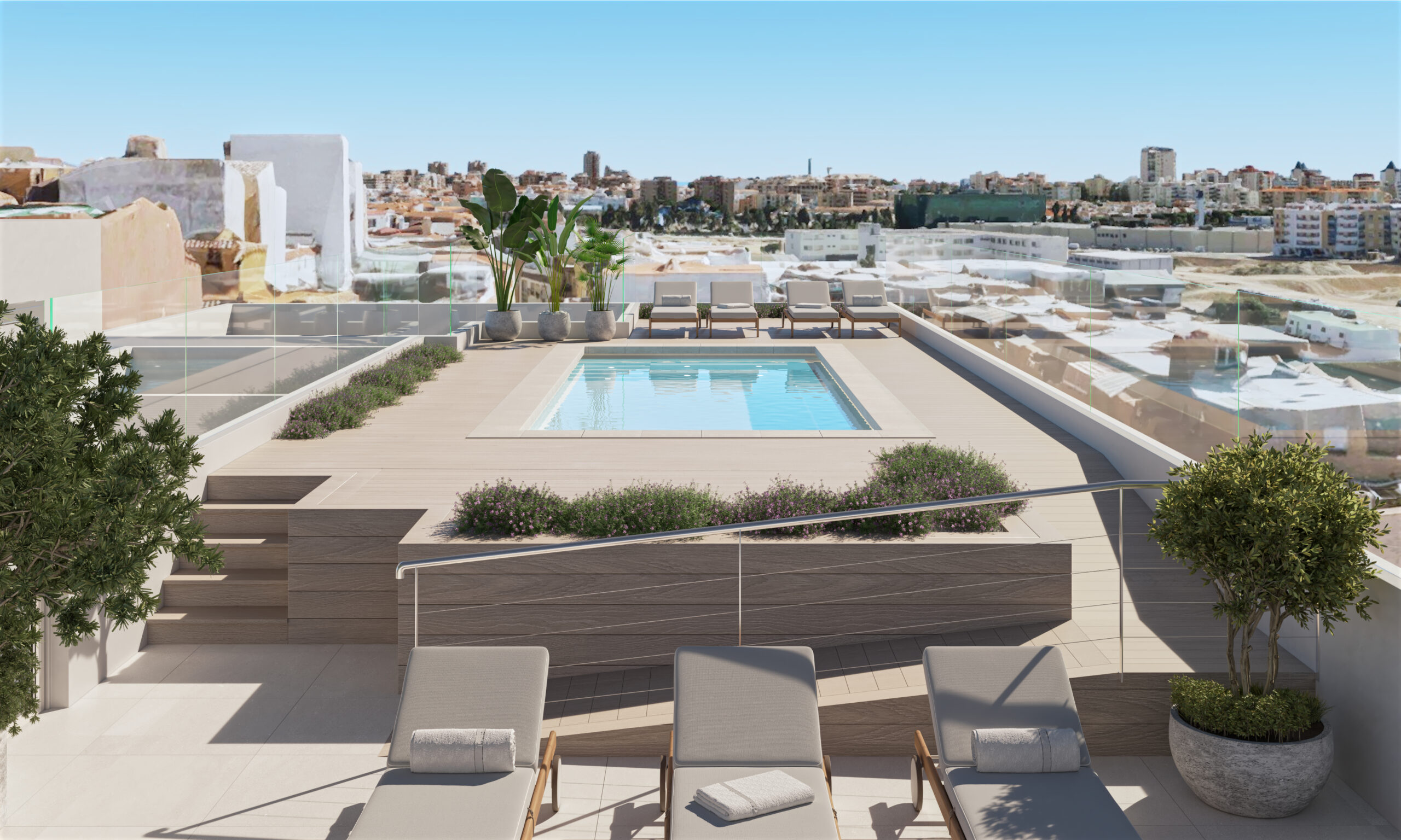 Illustrative communal rooftop pool and sun terrace in Las Lagunas