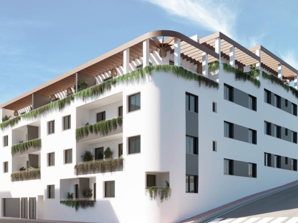 Illustrative apartment building exterior in Las Lagunas