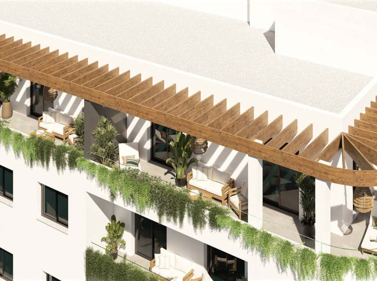 Illustrative upper terraces and exterior of an apartment building